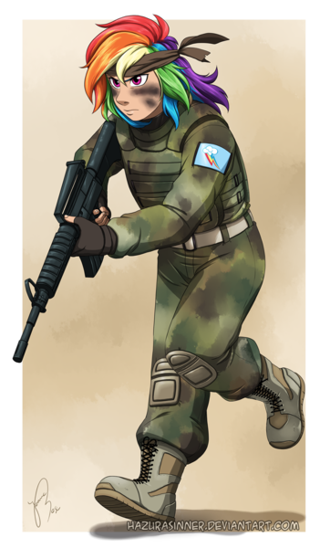 Size: 906x1547 | Tagged: ar15, artist:hazurasinner, bandana, camouflage, clothes, combat, derpibooru import, eye black (makeup), face paint, gun, human, humanized, m4a1, military, no trigger discipline, rainbow dash, rifle, safe, solo, uniform, weapon