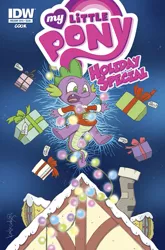 Size: 791x1200 | Tagged: safe, artist:katiecandraw, derpibooru import, idw, spike, spoiler:comic, christmas, christmas lights, clothes, cover, garland, holiday, lights, national lampoon's christmas vacation, parody, present, roof, solo, sweater