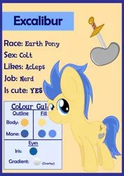 Size: 752x1063 | Tagged: artist:phinpie, cute?, derpibooru import, oc, oc:excalibur, reference sheet, safe, text, unofficial characters only