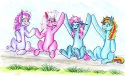 Size: 2091x1279 | Tagged: artist:animagicworld, derpibooru import, g3, hoofbump, minty, pinkie pie, rainbow dash, rainbow dash (g3), safe, traditional art, wysteria