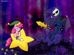 Size: 1280x960 | Tagged: artist:thattagen, crossover, derpibooru import, kirby, kirby (character), kirby pie, meta knight, meta lunight, pinkie pie, princess luna, safe, stars, sword, weapon