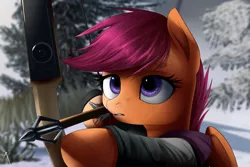 Size: 2000x1336 | Tagged: safe, artist:supermare, derpibooru import, scootaloo, pony, arrow, bipedal, bow (weapon), bow and arrow, clothes, crossover, depth of field, dexterous hooves, ellie, forest, scenery, snow, solo, the last of us, tree, weapon