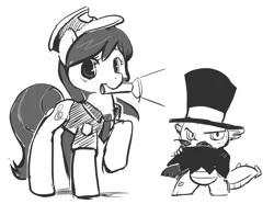 Size: 850x632 | Tagged: artist:ende26, cape, clothes, derpibooru import, facial hair, flashlight (object), hat, monochrome, moustache, mouth hold, octavia melody, raised hoof, safe, security guard, spike, spikely whiplash, top hat