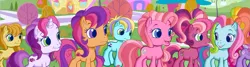Size: 1449x387 | Tagged: safe, derpibooru import, screencap, bumblesweet, cheerilee (g3), pinkie pie (g3), rainbow dash (g3), scootaloo (g3), starsong, sweetie belle (g3), unnamed character, unnamed pony, pony, twinkle wish adventure, background pony, g3 panorama, g3.5, panorama