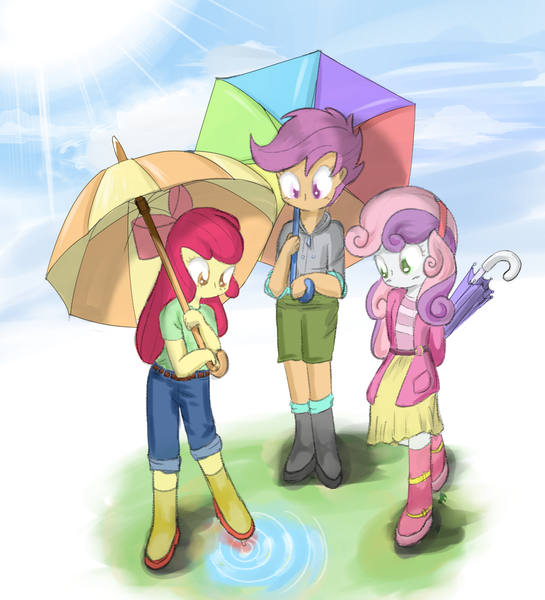 Size: 1000x1100 | Tagged: safe, artist:fromamida, derpibooru import, apple bloom, scootaloo, sweetie belle, equestria girls, apple bloom's bow, arm behind back, blushing, boots, bow, clothes, cute, cutie mark crusaders, female, hair bow, looking down, shoes, trio, umbrella