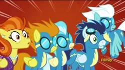 Size: 1920x1080 | Tagged: safe, derpibooru import, screencap, blaze, fleetfoot, misty fly, soarin', stormy flare, pony, rarity investigates, clothes, surprised, uniform, wonderbolts, wonderbolts uniform