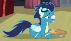 Size: 544x313 | Tagged: safe, derpibooru import, screencap, soarin', pegasus, pony, rarity investigates, aweeg*, clothes, eating, food, goggles, male, pie, prone, solo, stallion, that pony sure does love pies, uniform, wonderbolts uniform