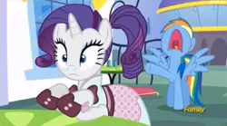 Size: 848x473 | Tagged: audrey hepburn, derpibooru import, rainbow dash, rarity, rarity investigates, sabrina's dress, safe, screencap