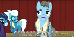 Size: 1920x950 | Tagged: safe, derpibooru import, edit, edited screencap, screencap, fleetfoot, rarity, soarin', wind rider, pony, rarity investigates, caption, meme, youtube caption