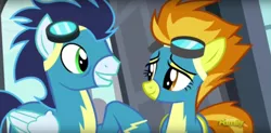 Size: 700x343 | Tagged: safe, derpibooru import, screencap, soarin', spitfire, pony, rarity investigates, clothes, cute, eye contact, goggles, implied shipping, implied soarinfire, implied straight, looking at each other, uniform, wonderbolts, wonderbolts uniform
