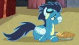 Size: 155x90 | Tagged: safe, derpibooru import, screencap, blaze, soarin', pony, rarity investigates, animated, aweeg*, clothes, eating, food, gif, gif for breezies, goggles, nom, picture for breezies, pie, prone, solo, that pony sure does love pies, uniform, wonderbolts uniform