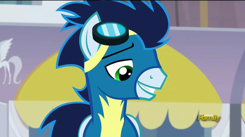 Size: 1920x1080 | Tagged: safe, derpibooru import, screencap, soarin', pony, rarity investigates, discovery family logo, goggles, smiling, solo