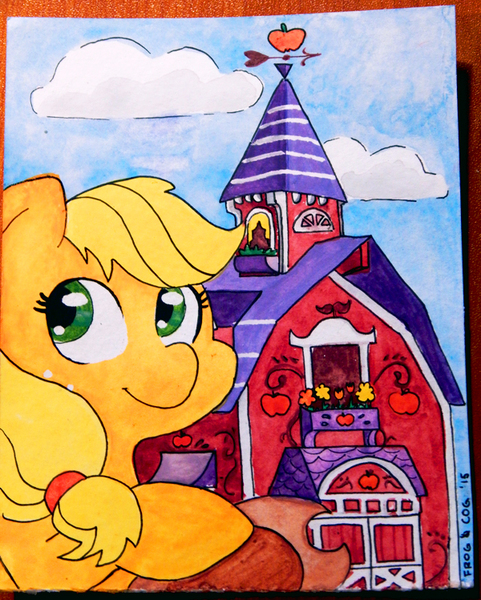 Size: 600x749 | Tagged: applejack, artist:coggler, artist:frog&cog, artist:gopherfrog, derpibooru import, safe, solo, sweet apple acres, traditional art