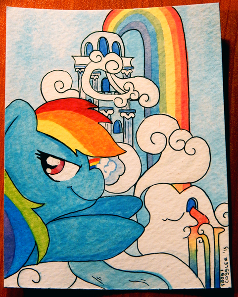 Size: 600x749 | Tagged: artist:coggler, artist:frog&cog, artist:gopherfrog, cloudsdale, derpibooru import, rainbow dash, safe, solo, traditional art