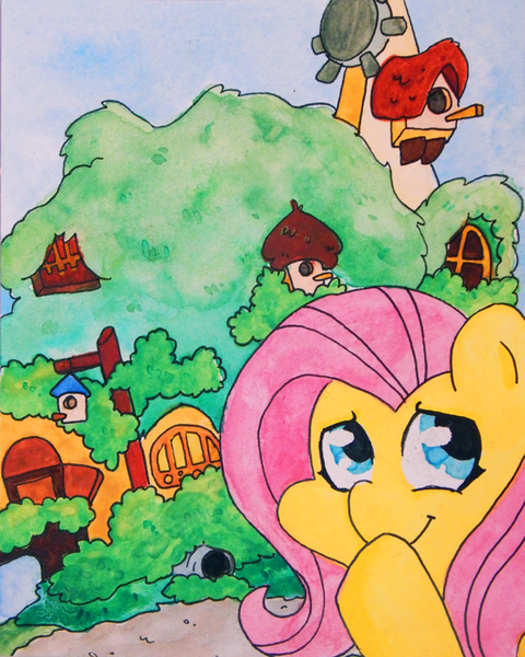 Size: 600x750 | Tagged: artist:coggler, artist:frog&cog, artist:gopherfrog, derpibooru import, fluttershy, fluttershy's cottage, safe, solo, traditional art