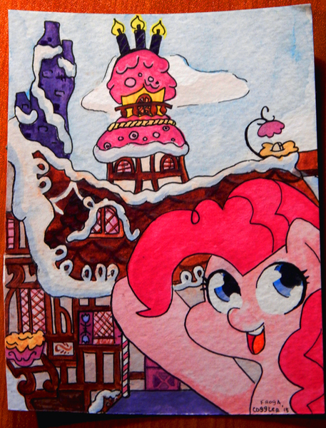 Size: 600x788 | Tagged: artist:coggler, artist:frog&cog, artist:gopherfrog, derpibooru import, pinkie pie, safe, solo, sugarcube corner, traditional art