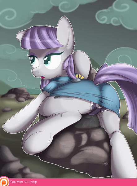 Size: 992x1346 | Tagged: alternate version, artist:sip, boulder, boulder (pet), clothes, cutie mark underwear, derpibooru import, dock, dress, gray underwear, implied lunamaud, implied shipping, maud pie, panties, patreon, patreon logo, skirt, solo, suggestive, underwear, underwear swap, upskirt, wrong cutie mark