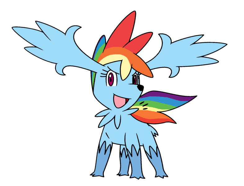 Size: 2088x1592 | Tagged: artist needed, derpibooru import, female, pokefied, pokémon, rainbow dash, safe, shaymin, simple background, sky forme, solo, source needed, species swap, white background