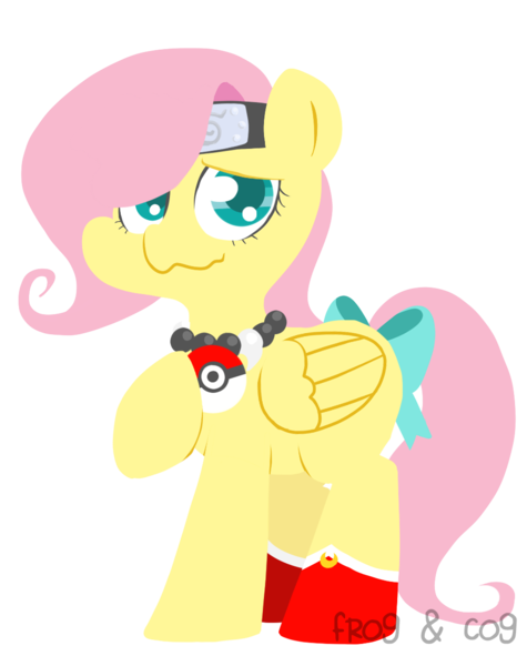 Size: 1000x1263 | Tagged: safe, artist:coggler, artist:frog&cog, artist:gopherfrog, derpibooru import, fluttershy, pegasus, pony, anime, boots, bow, crossover, headband, hilarious in hindsight, inuyasha, naruto, nervous, otaku, otakushy, pokéball, pokémon, sailor moon, shoes, solo, tail bow, teenager