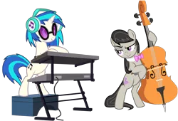 Size: 5000x3390 | Tagged: safe, artist:alicornoverlord, artist:uxyd, derpibooru import, octavia melody, vinyl scratch, earth pony, pony, unicorn, slice of life (episode), .ai available, .svg available, absurd resolution, background pony, bipedal, bow, bow (instrument), bowtie, cello, cello bow, duo, female, headphones, mare, musical instrument, raised eyebrow, simple background, smiling, sunglasses, transparent background, vector