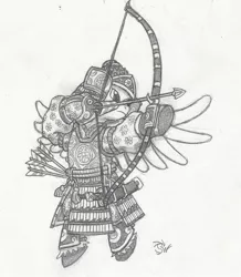 Size: 800x919 | Tagged: safe, artist:sensko, derpibooru import, pegasus, pony, armor, arrow, black and white, bow (weapon), bow and arrow, fantasy class, grayscale, japan, katana, monochrome, pencil drawing, samurai, solo, sword, traditional art, warrior, weapon