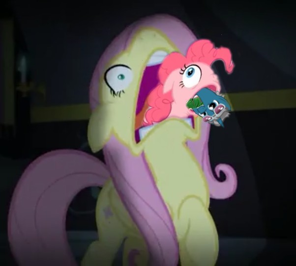 Size: 602x540 | Tagged: safe, derpibooru import, screencap, fashion plate, fluttershy, pinkie pie, scare master, faic, fashion reaction, flutterscream, hoopla pie, meme, needs more jpeg, this isn't even my final form, we need to go deeper, what has science done