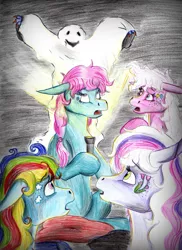 Size: 1618x2223 | Tagged: artist:animagicworld, clothes, costume, derpibooru import, flashlight (object), g3, master kenbroath gilspotten heathspike, minty, nightmare night, pinkie pie, rainbow dash, rainbow dash (g3), safe, scared, spike, wysteria