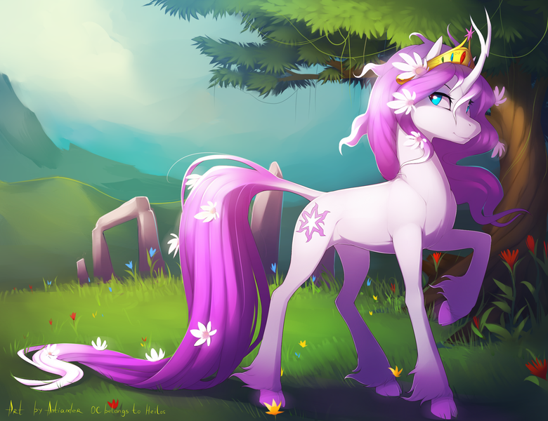 Size: 2600x2000 | Tagged: safe, artist:antiander, derpibooru import, tree of harmony, oc, oc:harmony (heilos), ponified, unofficial characters only, classical unicorn, pony, unicorn, big crown thingy, cloven hooves, element of magic, flower, flower in hair, jewelry, leonine tail, raised hoof, regalia, solo, unshorn fetlocks