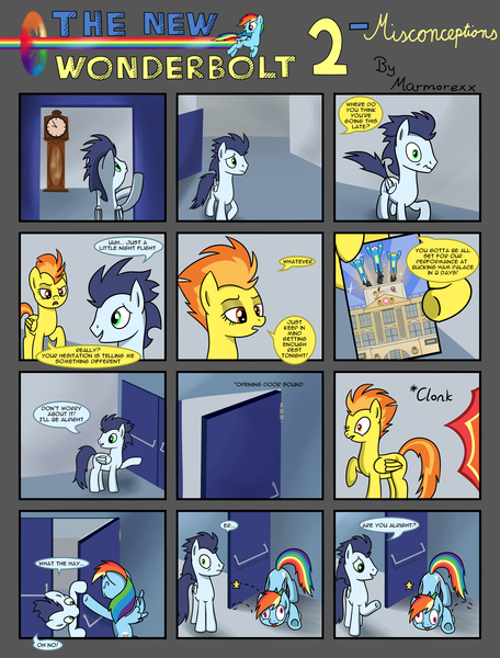 Size: 2700x3550 | Tagged: safe, artist:marmorexx, derpibooru import, rainbow dash, soarin', spitfire, pony, comic:the new wonderbolt, accident, backwards cutie mark, comic, derp, female, knocked silly, male, rainbow derp, shipping, soarindash, stars, straight