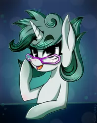 Size: 1309x1665 | Tagged: safe, artist:sigmanas, derpibooru import, oc, oc:zenith flare, unofficial characters only, pony, unicorn, glasses, open mouth, solo, щщоки