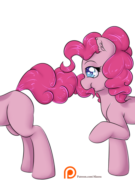 Size: 937x1250 | Tagged: artist:alasou, biting, cute, derpibooru import, diapinkes, missing cutie mark, nom, now you're thinking with portals, patreon, patreon logo, pinkie pie, portal, safe, self ponidox, simple background, solo, tail bite, transparent background
