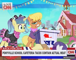 Size: 800x630 | Tagged: applejack, artist:pixelkitties, cable news network, cnn, derpibooru import, ms. harshwhinny, ms. harshwhinny's election campaign, pinkie pie, pixel pizazz, politics, rarity, safe, votehorse