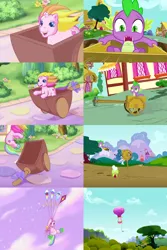 Size: 1924x2880 | Tagged: bouncing, cathy weseluck, comparison, crystal princess, derpibooru import, dragon, g3, granny smith, happy, hilarious in hindsight, hot air balloon, kite, male, princess rarity, rarity (g3), safe, screencap, similarities, sparkles, spike, spike at your service, the runaway rainbow, voice actor joke, worried
