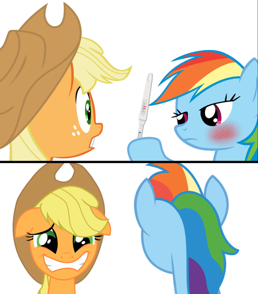 Size: 1023x1168 | Tagged: safe, artist:蘋果花, derpibooru import, applejack, rainbow dash, appledash, female, implied magical lesbian spawn, lesbian, pregnancy test, pregnancy test meme, shipping