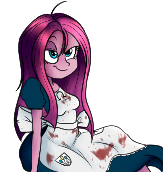 Size: 749x791 | Tagged: semi-grimdark, artist:wubcakeva, derpibooru import, pinkie pie, equestria girls, american mcgee's alice, blood, clothes, dress, pinkamena diane pie, solo