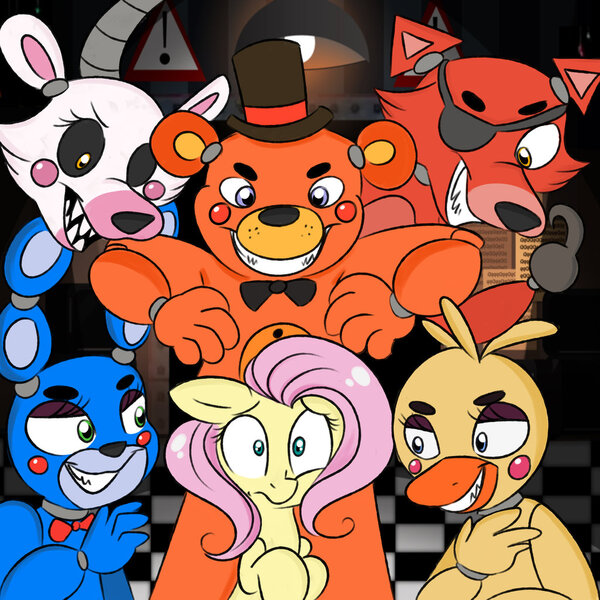 Size: 1024x1024 | Tagged: animatronic, artist:tokipeach, crossover, derpibooru import, five nights at freddy's, fluttershy, fox, foxy, mangle, safe, toy bonnie, toy chica, toy freddy