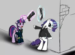 Size: 1451x1062 | Tagged: safe, artist:spacehunt, derpibooru import, rarity, twilight sparkle, twilight sparkle (alicorn), alicorn, pony, dominator, female, gun, mare, psycho pass, weapon