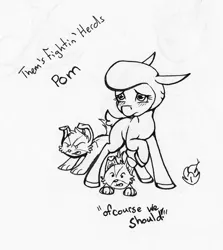 Size: 1024x1146 | Tagged: artist:nekotigerfire, community related, derpibooru import, monochrome, pom lamb, puppy, safe, sheep, them's fightin' herds