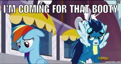 Size: 1000x529 | Tagged: suggestive, derpibooru import, edit, edited screencap, screencap, rainbow dash, soarin', pony, rarity investigates, clothes, discovery family logo, female, male, meme, shipping, soarindash, straight, swiggity swooty, uniform, wonderbolts uniform