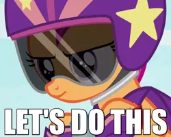 Size: 600x480 | Tagged: bloom and gloom, cape, caption, clothes, derpibooru import, determined, dialogue, edit, edited screencap, helmet, image macro, let's do this, meme, reaction image, safe, scootaloo, screencap, shoes, solo, stars, text, visor