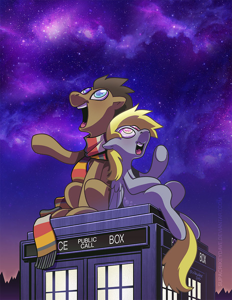 Size: 800x1035 | Tagged: safe, artist:crikeydave, derpibooru import, derpy hooves, doctor whooves, time turner, pony, doctor who, fourth doctor's scarf, male, stallion, tardis, tom baker's scarf