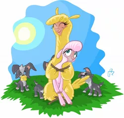 Size: 1420x1360 | Tagged: alpaca, artist:alevgor, community related, derpibooru import, hug, lamb, paprika paca, pom lamb, pomrika, puppy, safe, sheep, them's fightin' herds