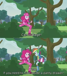 Size: 960x1080 | Tagged: safe, derpibooru import, screencap, pinkie pie, rainbow dash, equestria girls, friendship games, pinkie spy (short), camouflage, dubbing, polish, subtitles