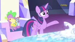 Size: 1280x720 | Tagged: safe, derpibooru import, screencap, spike, twilight sparkle, twilight sparkle (alicorn), alicorn, pony, made in manehattan, comic book, female, mare, reading