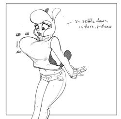 Size: 777x766 | Tagged: suggestive, artist:kevinsano, derpibooru import, pom lamb, anthro, sheep, them's fightin' herds, belly button, breasts, calm your tits, clothes, community related, female, frown, grayscale, lamb, lineart, literal, midriff, monochrome, onomatopoeia, open mouth, pun, puppy, solo, sweater, sweater puppies