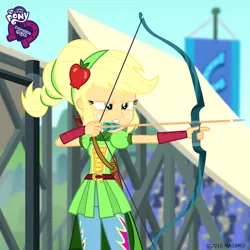 Size: 800x800 | Tagged: safe, derpibooru import, screencap, applejack, equestria girls, friendship games, archery, arrow, bow (weapon), bow and arrow, canterlot high, equestria girls logo, solo, sporty style, weapon, wondercolts