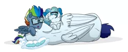 Size: 1024x416 | Tagged: safe, artist:craftedfun3, derpibooru import, soarin', pony, colt, drool, female, filly, glasses, male, offspring, parent:rainbow dash, parent:soarin', parents:soarindash, pillow, simple background, sleeping, white background