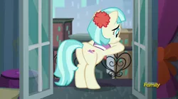 Size: 1920x1067 | Tagged: safe, derpibooru import, screencap, coco pommel, pony, made in manehattan, balcony, butt, coco's apartment, female, frown, mare, plot, sad, solo