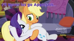 Size: 640x355 | Tagged: safe, derpibooru import, edit, screencap, applejack, rarity, made in manehattan, applejack's damaged hat, caption, discovery family logo, female, image macro, lesbian, meme, purple text, rarijack, shipping, text, titanic