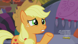 Size: 500x281 | Tagged: animated, applejack, applejack's damaged hat, crying, derpibooru import, discovery family, discovery family logo, drama queen, faint, hoof in mouth, hoofjack, made in manehattan, makeup, marshmelodrama, rarity, rarity being rarity, running makeup, safe, screencap, shipping fuel, unconvinced applejack